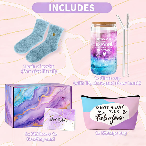 Luxury Self Care Gift Set for Women | Includes 16oz Glass Tumbler, Makeup Bag, Fuzzy Socks & Premium Gift Box | Ideal for Valentine'S Day and Reusable